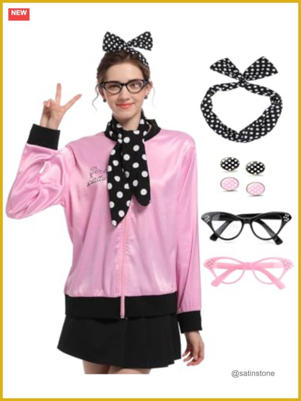 1950s Pink Satin Jacket Costume Set 7 Piece Polka Dot Accessories